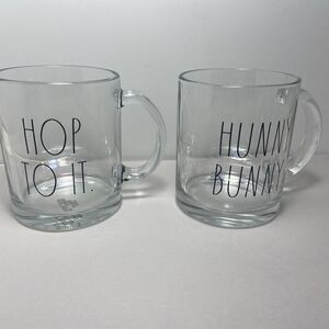 Rae Dunn  18 Oz Glass Mug Hop To It and Hunny Bunny Clear Glass Black Print 2 pc